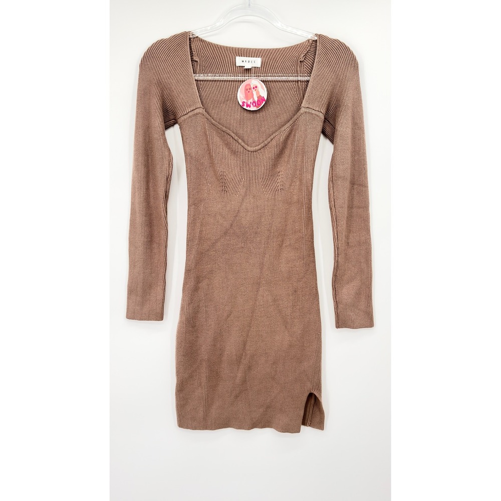 Mable Sweetheart Sweater Mini Dress Womens Brown Ribbed Medium Knit Long Sleeve